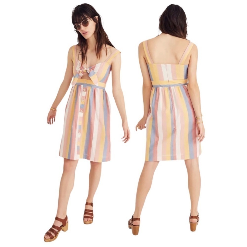 Madewell Tie-Front Cutout Cotton Casual Dress in Sherbet Candy Stripe Size 0